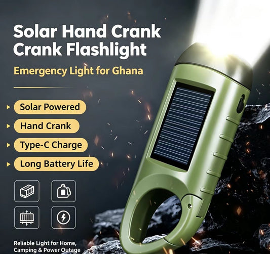 Solar Hand‑Crank Flashlight, Emergency Dynamo Torch, Solar & Type‑C Rechargeable for Ghana Power Outage Camping Outdoor