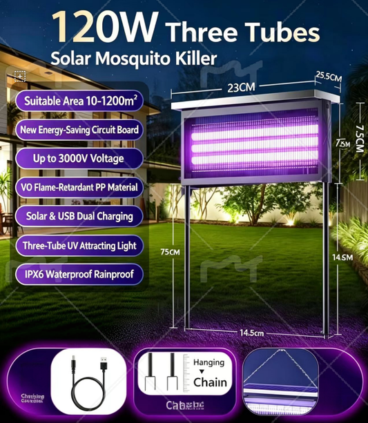 Solar Mosquito Killer Lamp 120W, Solar & USB Charging, IPX6 Waterproof Outdoor Bug Zapper for Garden Yard