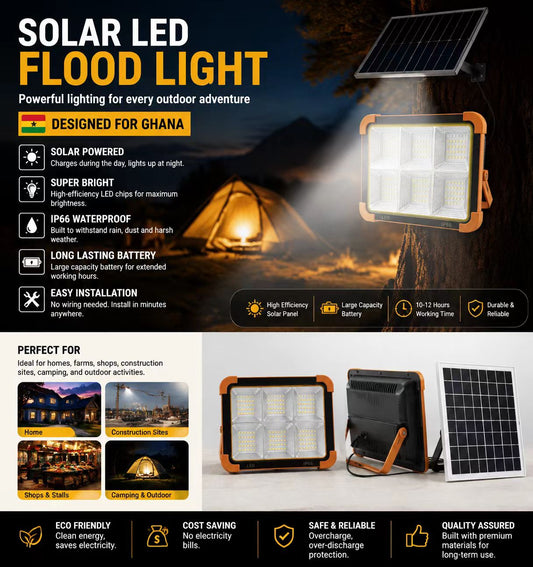 Solar LED Flood Light, IP66 Waterproof Outdoor Solar Security Light, Solar Powered Flood Lamp for Ghana Home Farm Shop Construction Site